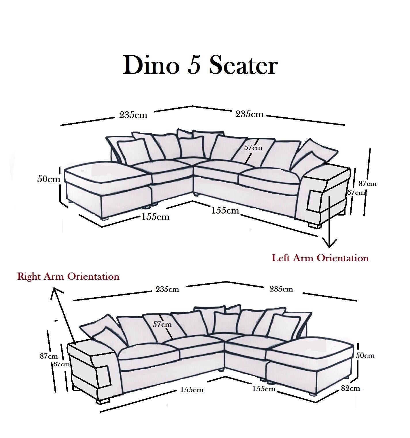 DINO Crush Velvet Single Arm 5 Seater Left Right Hand Corner Sofa
