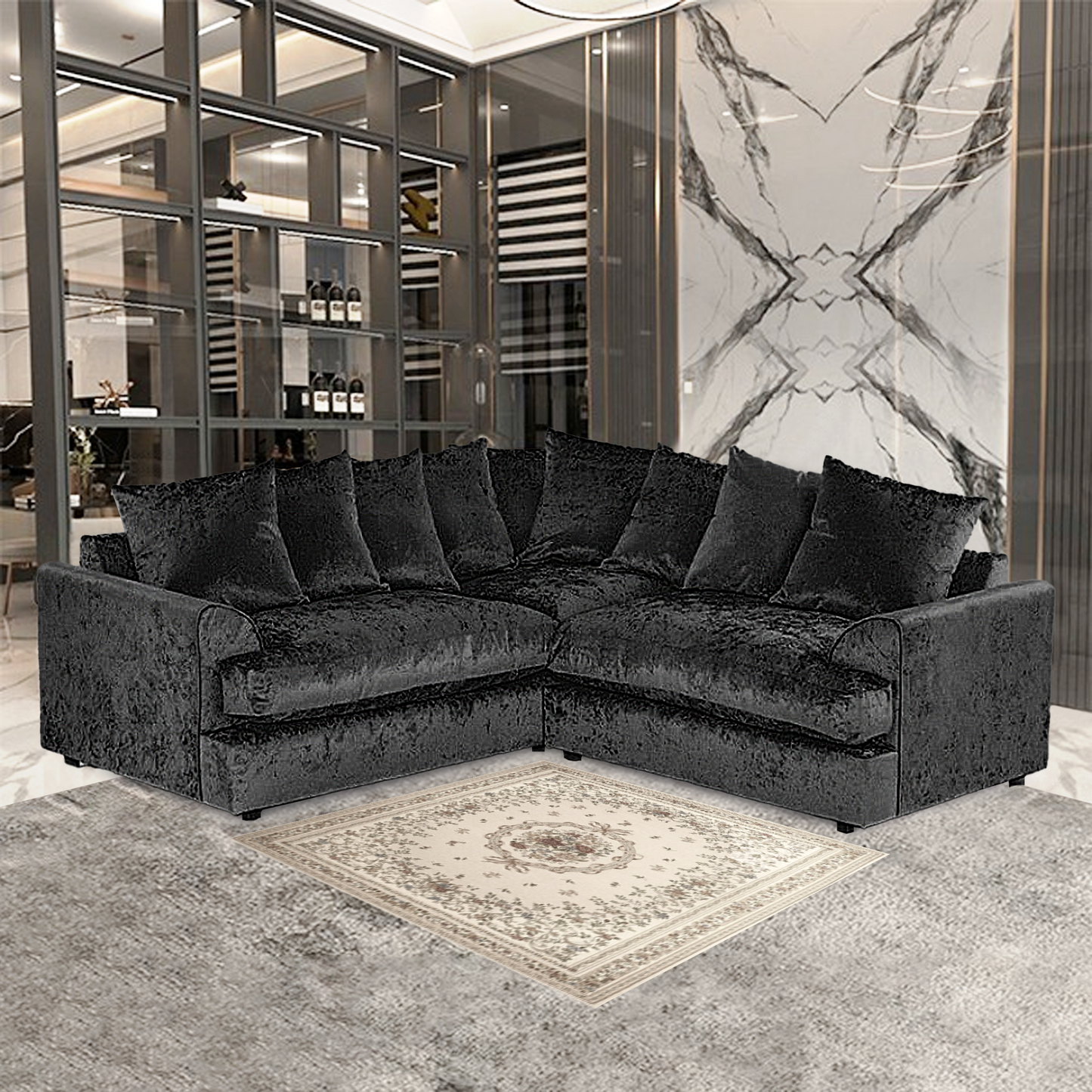 DYLAN CRUSH VELVET WIDE ARMREST 5 SEATER WITH FOOTSTOOL – CLASSIC CORNER SOFA