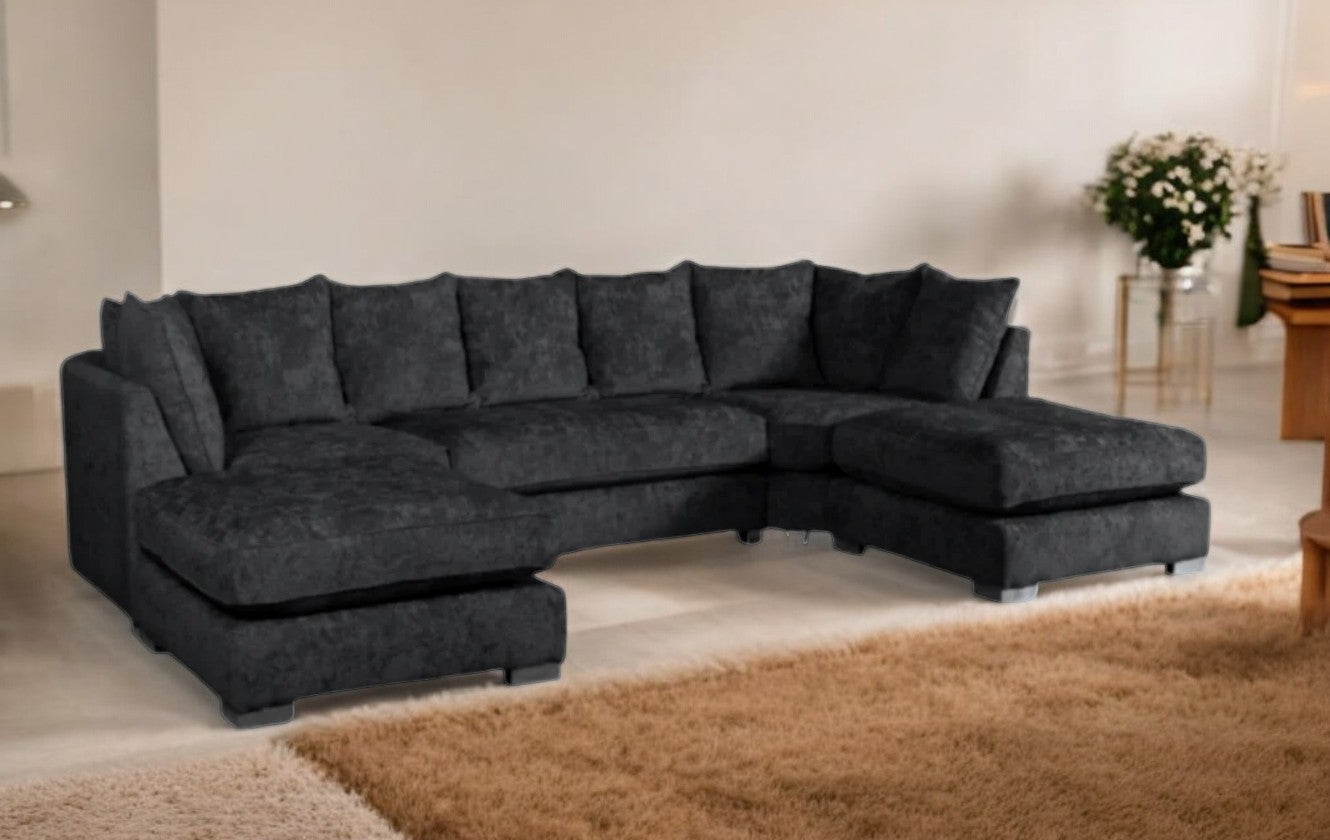 London U Shape Corner in Black Luxury Chenille