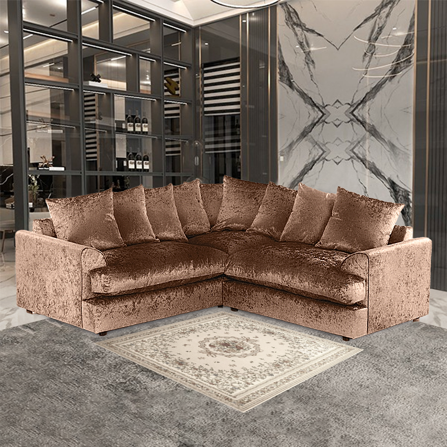 DYLAN CRUSH VELVET WIDE ARMREST 5 SEATER WITH FOOTSTOOL – CLASSIC CORNER SOFA