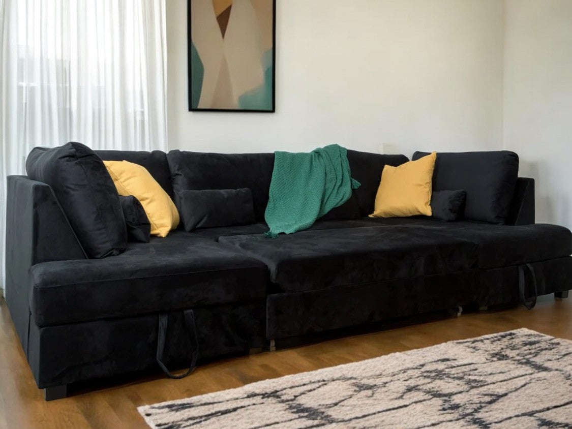 Meri U Shape Sofa Bed with Storage Black Plush Velvet