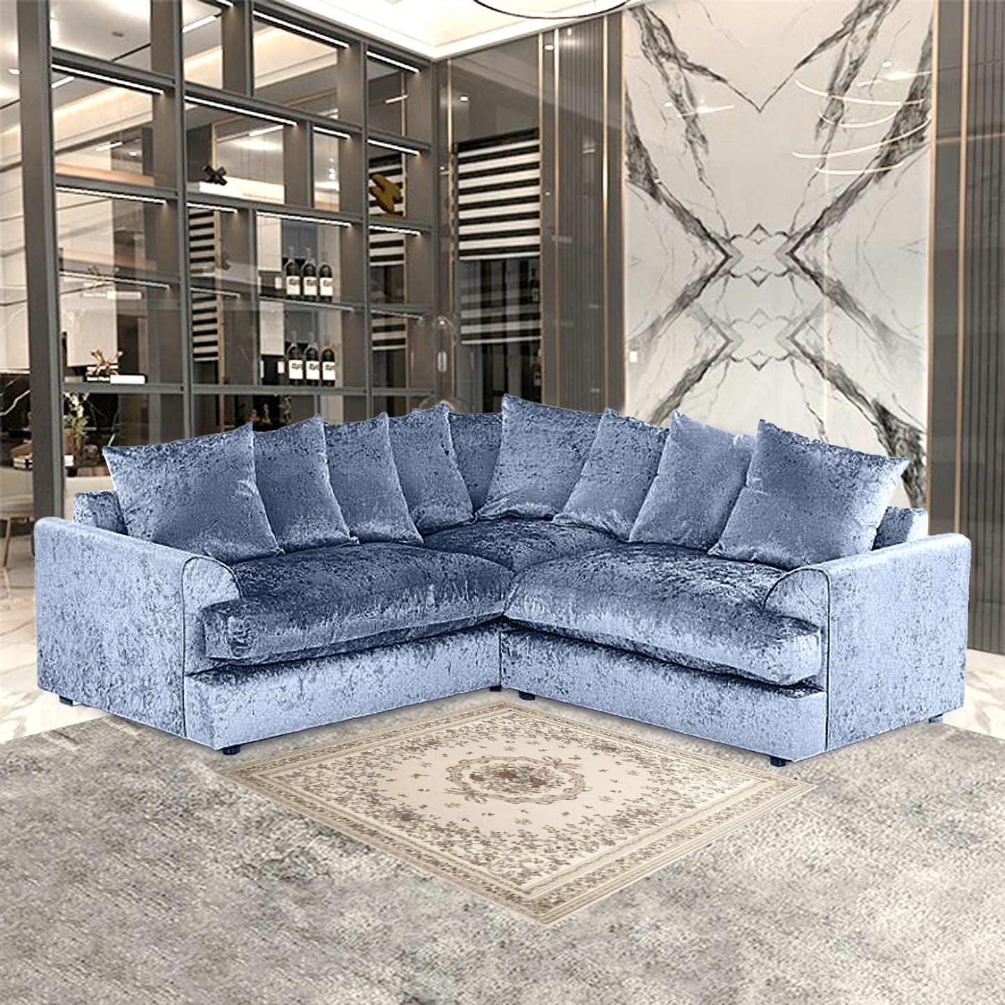 DYLAN CRUSH VELVET WIDE ARMREST 5 SEATER WITH FOOTSTOOL – CLASSIC CORNER SOFA