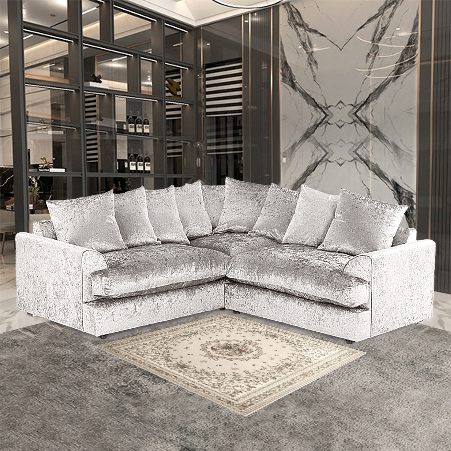 DYLAN CRUSH VELVET WIDE ARMREST 5 SEATER WITH FOOTSTOOL – CLASSIC CORNER SOFA